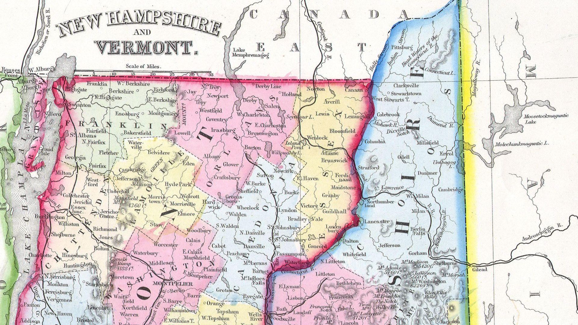 This hand colored antique map of Vermont & New Hampshire is a lithographic engraving dating to 1862 by the legendary American map publisher Samuel Augustus Mitchell Jr.  Detailed to the county level with attention to trains, roadways and cities.  .  Featu