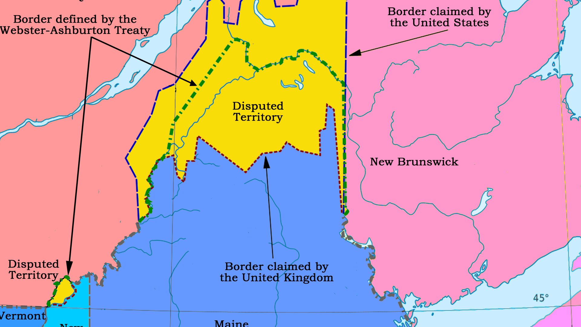 At the end of the American Revolution the boundary between the United States and Canada was defined in the peace treaty. It was discovered later that there were several ambiguities in the definition, due to inaccurate knowledge of the geography. This map