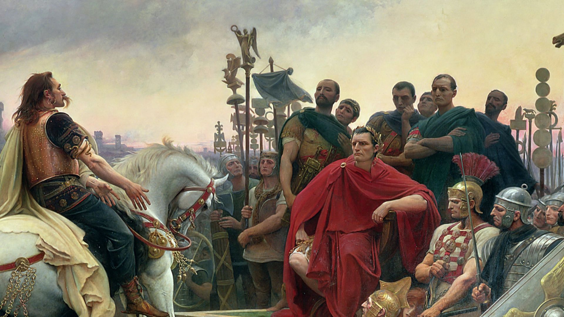 The painting depicts the surrender of the Gallic chieftain after the Battle of Alesia (52 BC).  The depiction of Gauls with long hair and mustaches is also called into question today. The horse is a Percheron, although at this time this breed was not in G