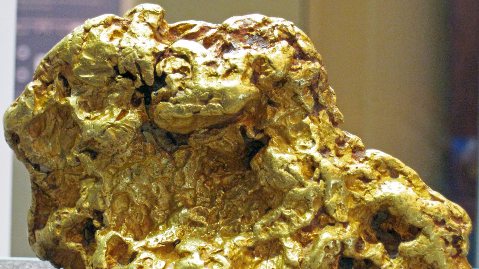 Gold nugget from Australia. (public display,  Field Museum of Natural History, Chicago, Illinois, USA). The Australian rock shown above is a large, nearly four pound mass of gold.  The irregularly-distributed, smoothly sculpted surfaces indicate that this