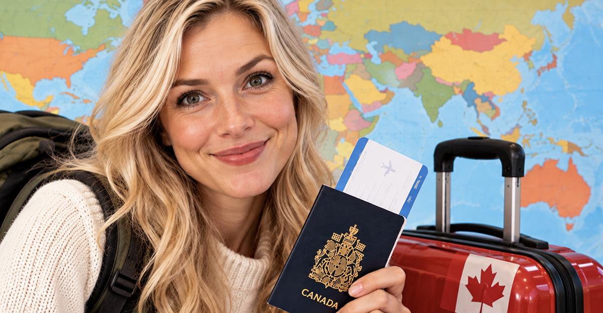 Blonde Canadian woman with a passport