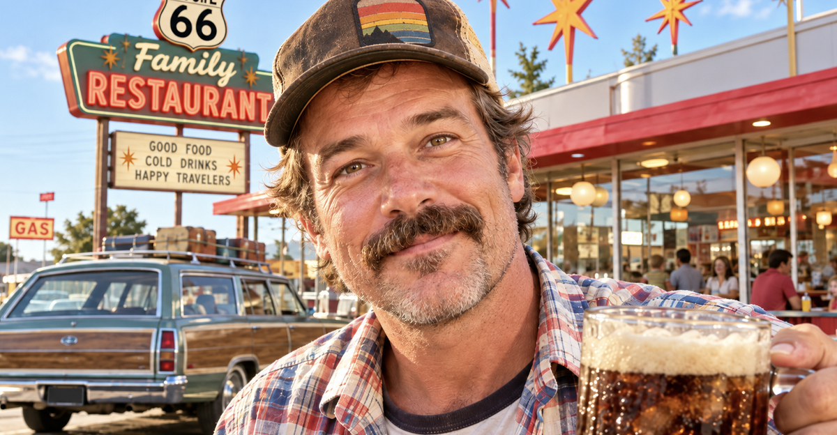Middle-aged American road-tripper stopping by a chain restaurant.
