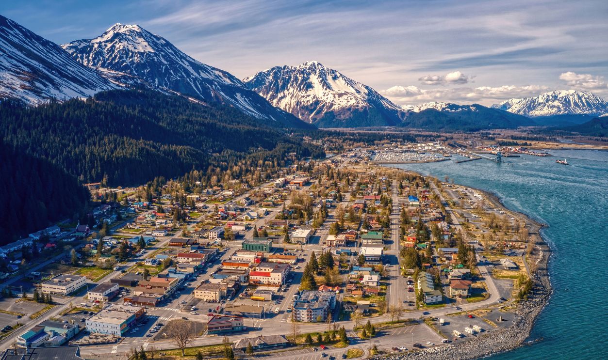 Aerial View of Seward, Alaska in early Summer