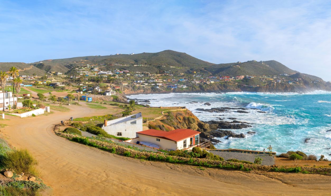 Punta Banda, Ensenada, Mexico - January 9 2023: Panoramic view of the rocky, scenic coastline along the Pacific Ocean at the cape of Punta Banda, southwest of the city of Ensenada, Mexico.