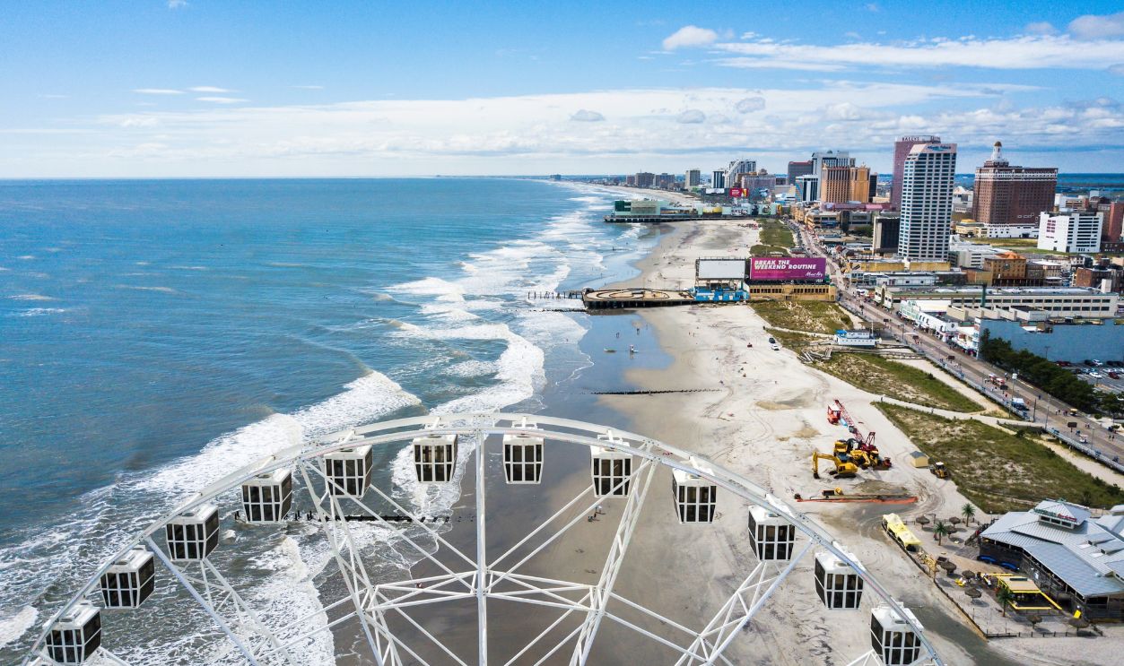 ATLANTIC CITY, USA - SEPTEMBER 20, 2017: Atlantic city waterline aerial view. AC is a tourist city in New Jersey famous for its casinos, boardwalks, and beaches