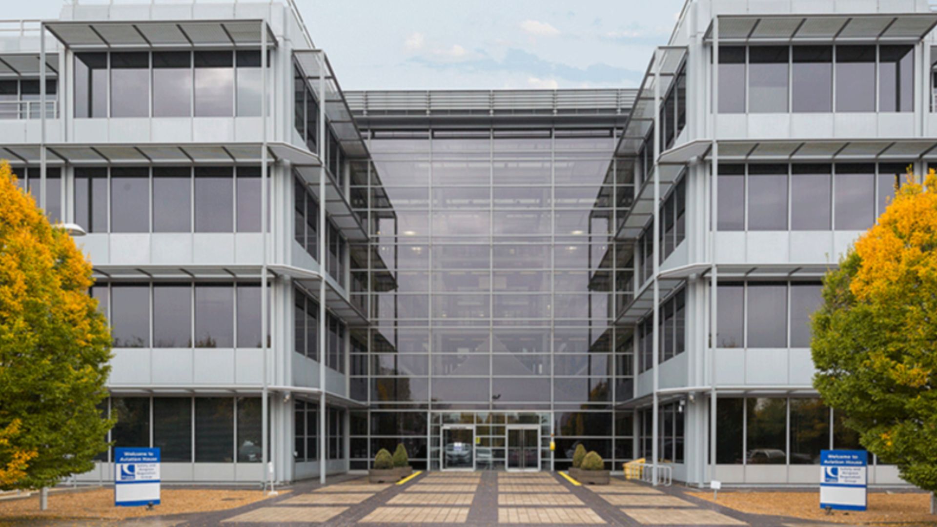 The front entrance to Aviation House, where the CAA is based at Gatwick