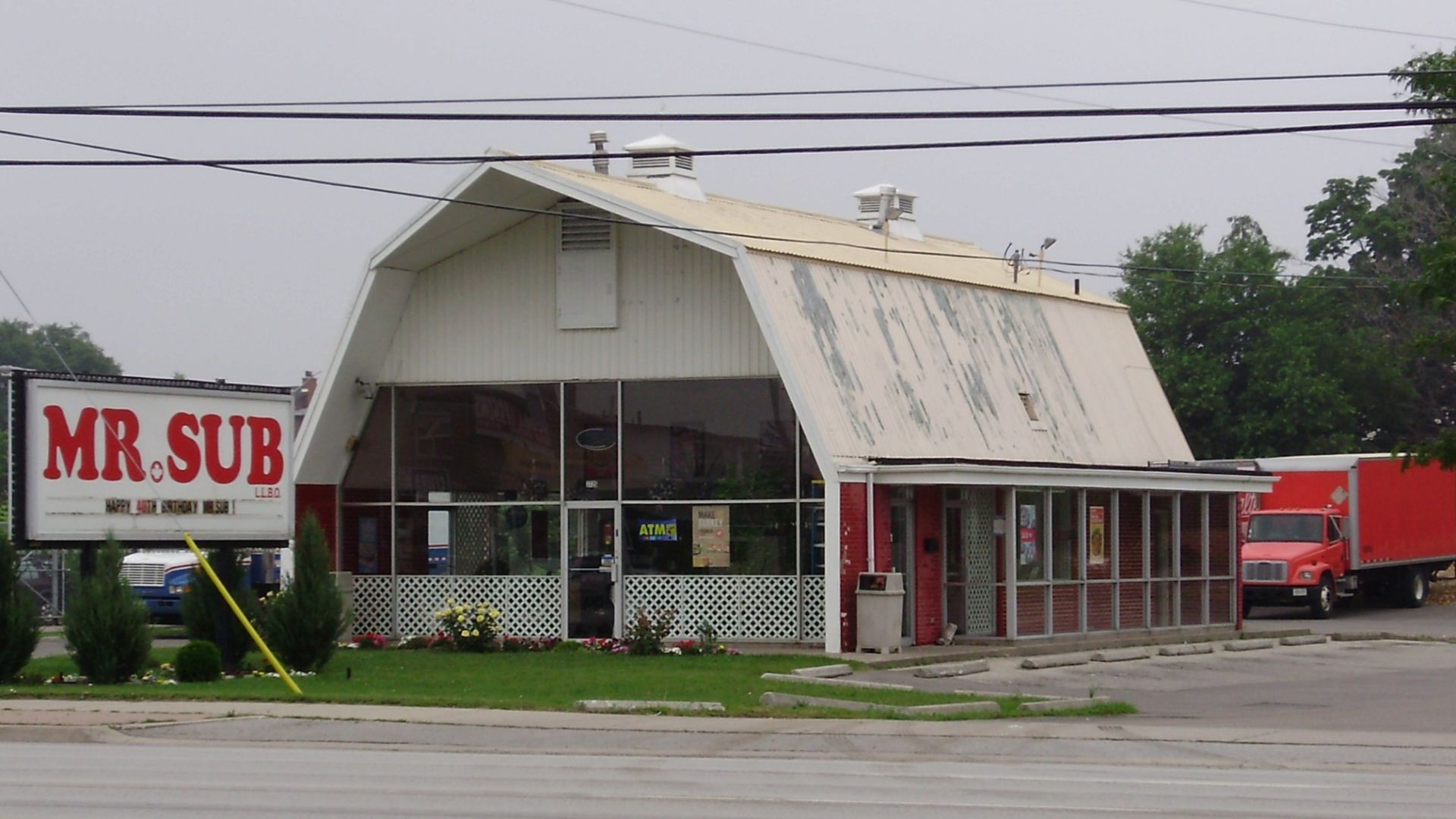 A Mr. Sub restaurant housed in a converted barn, located on the north side of Dundas Street East in Mississauga,Ontario, Canada.