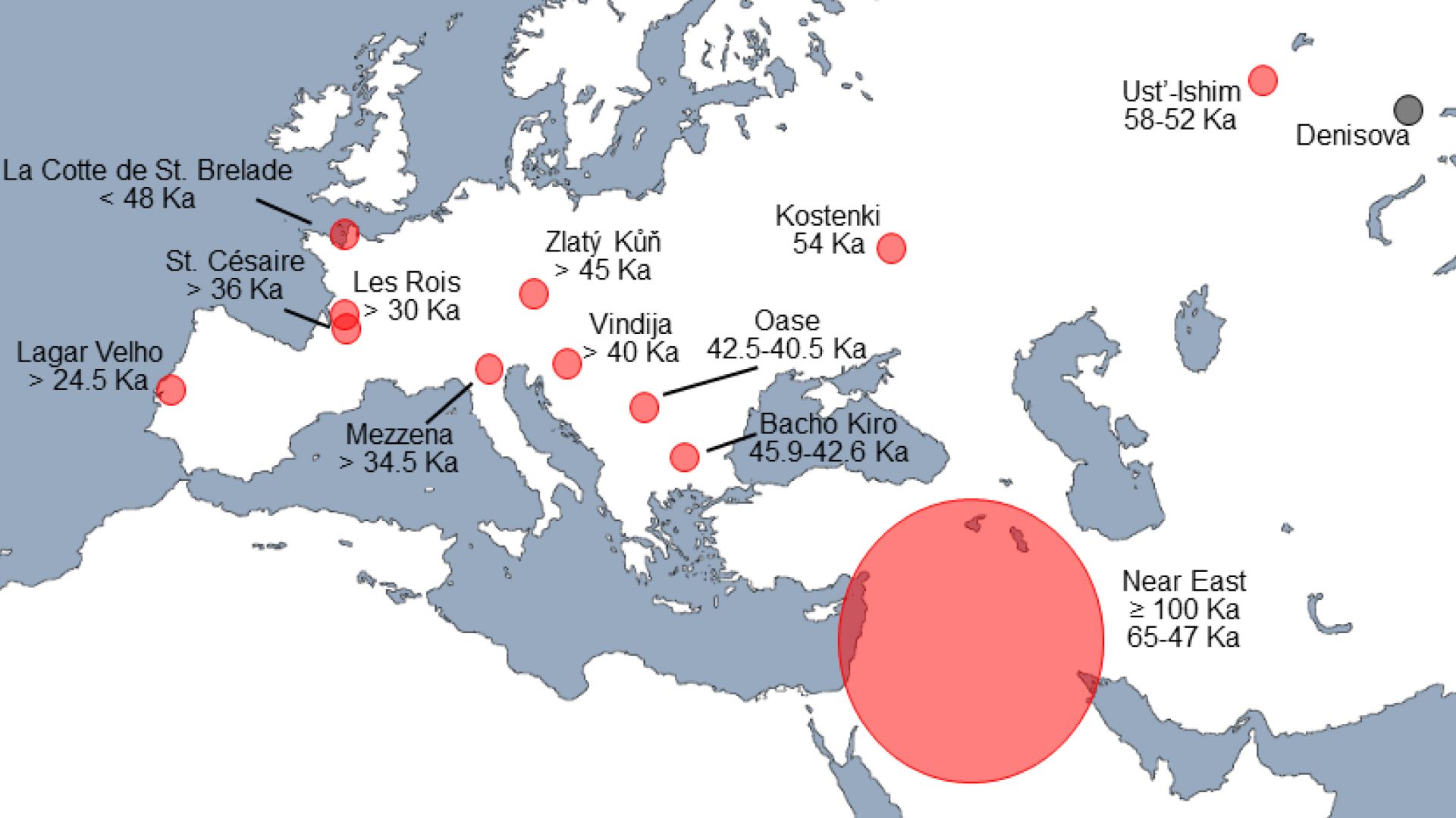 Map of western Eurasia showing areas and estimated dates of possible Neandertal–modern human hybridization (in red) based on fossil samples from indicated sites