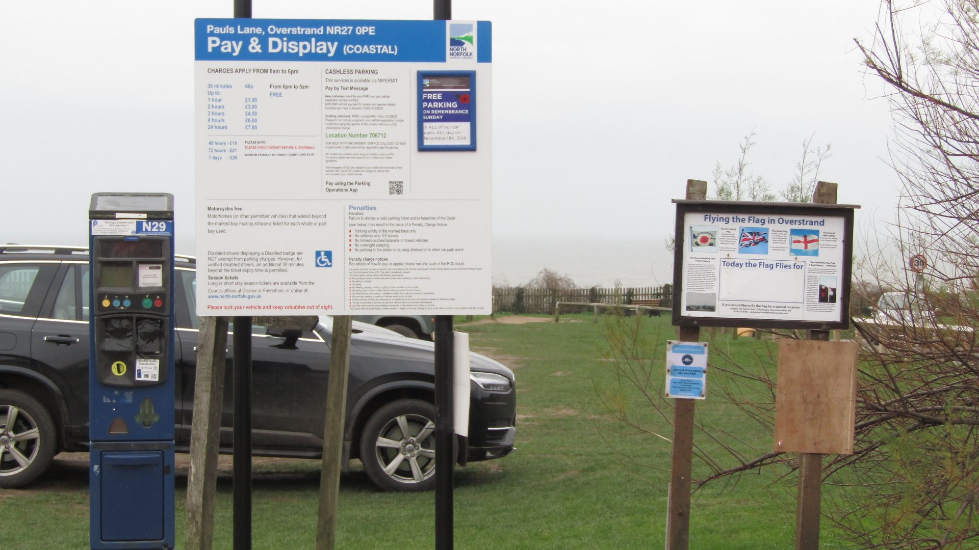 Pay and display parking meter on Pauls Lane car park within the village of Overstrand, Norfolk, United Kingdom.