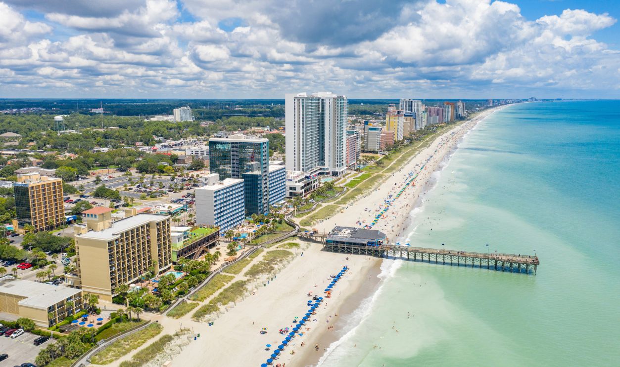 Myrtle Beach fishing pier Atlantic Ocean aerial photo