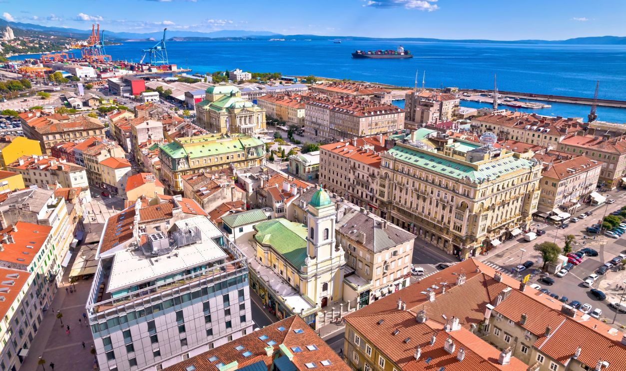Rijeka city center and main square aerial view, Kvarner gulf in Croatia