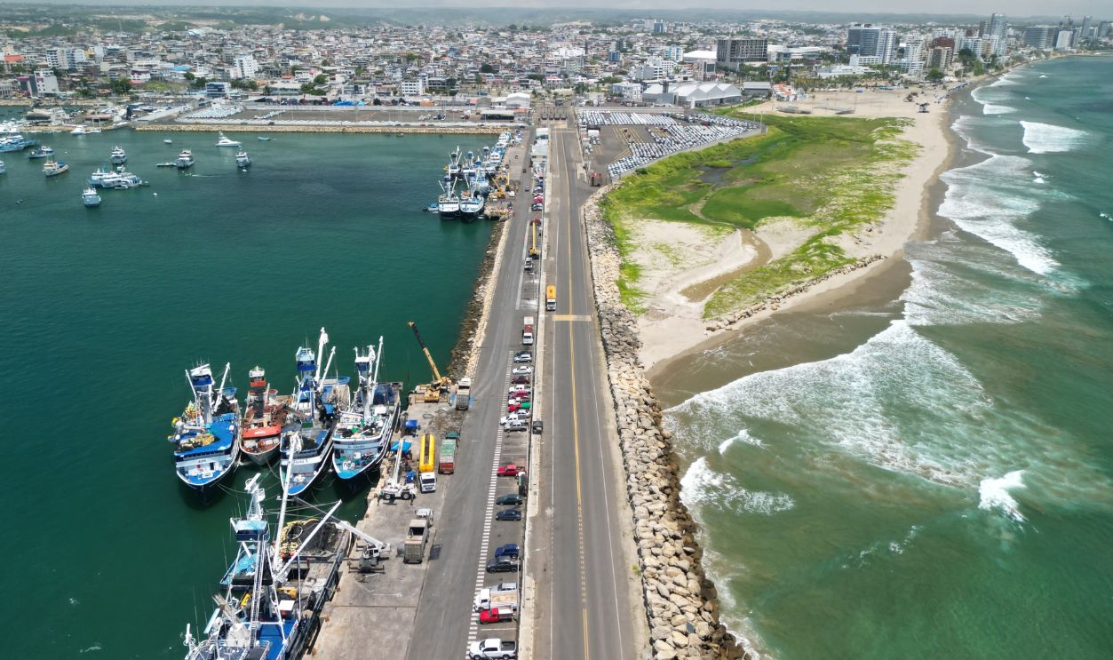 Manta-Ecuador 06 July 2025: Manta Port with Ships and Industrial Activity, Ecuador's key commercial seaport. Photos include cargo ships, docked vessels, harbor cranes, shipping containers.