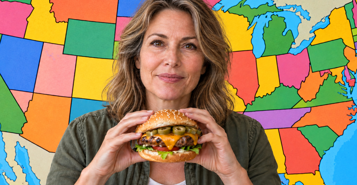 Woman holding hamburger, USA map background