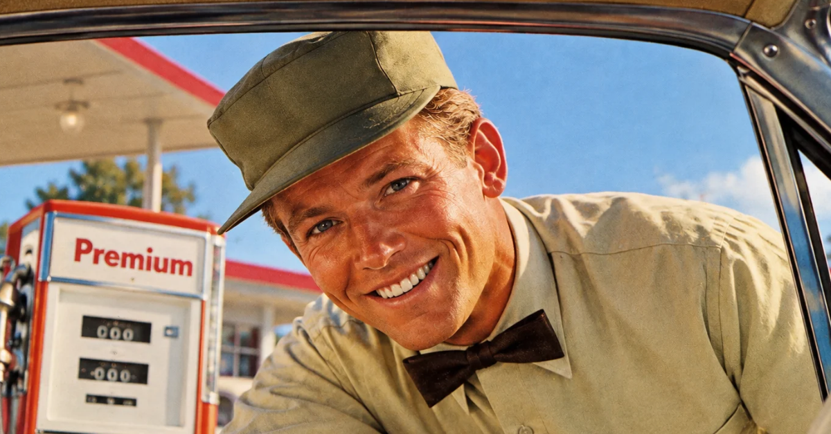 60’s Gas Station Attendant Smiling At Customer.