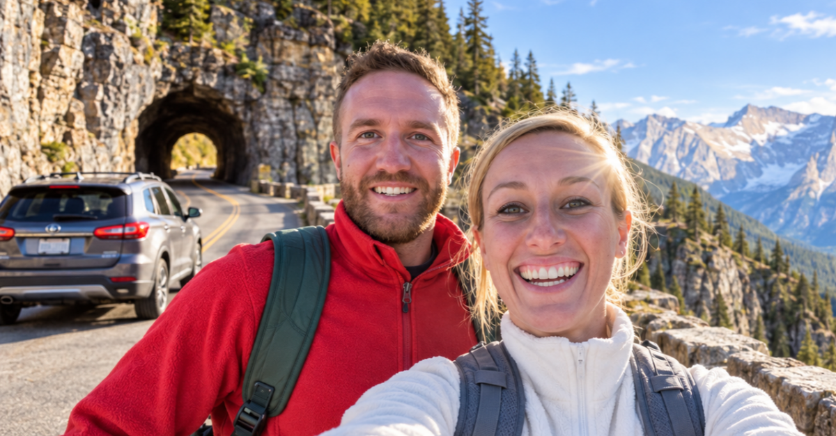 Tourist couple selfie on dangerous road.