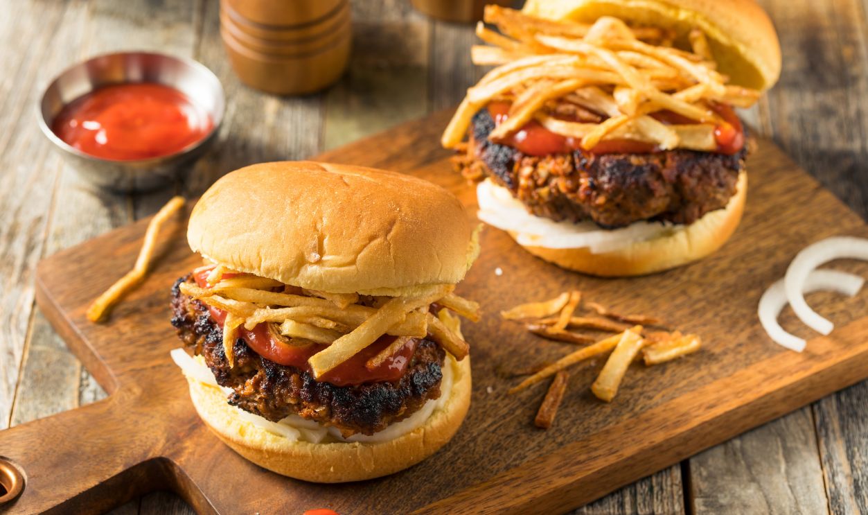 Homemade Cuban Fritas Hamburger with Fries and Chorizo