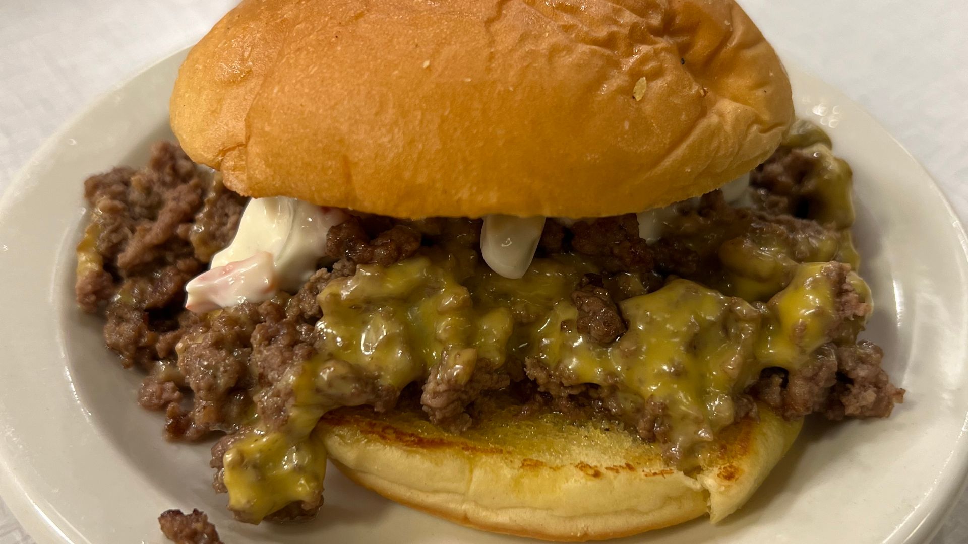 Olive burger at Hamburger America in SoHo, Manhattan, in the style of Weston's Kewpee Sandwich Shop in Lansing, Michigan