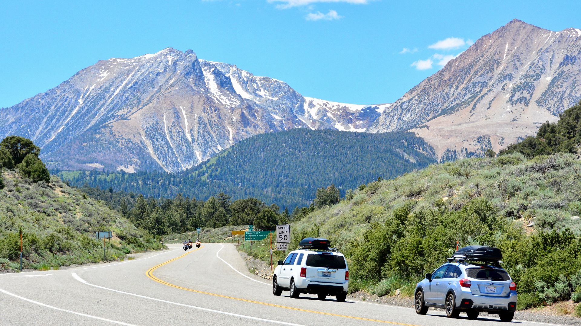This road, leading from the area of Mono Lake in North-East California, climbs over the Sierra Nevada Mountains into Yosemite National Park.
The road is very scenic as it climbs over the mountains and past Tuolumne Meadows but is closed by snow for all t