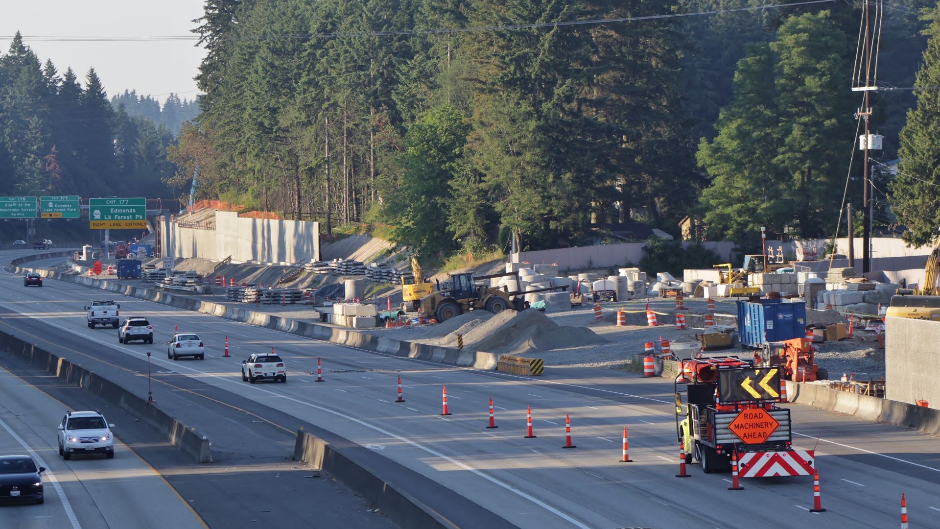 A section of buckled pavement on Interstate 5 in Shoreline, Washington under repair amid the 2021 Pacific Northwest heat wave, as seen from Northeast 185th Street.