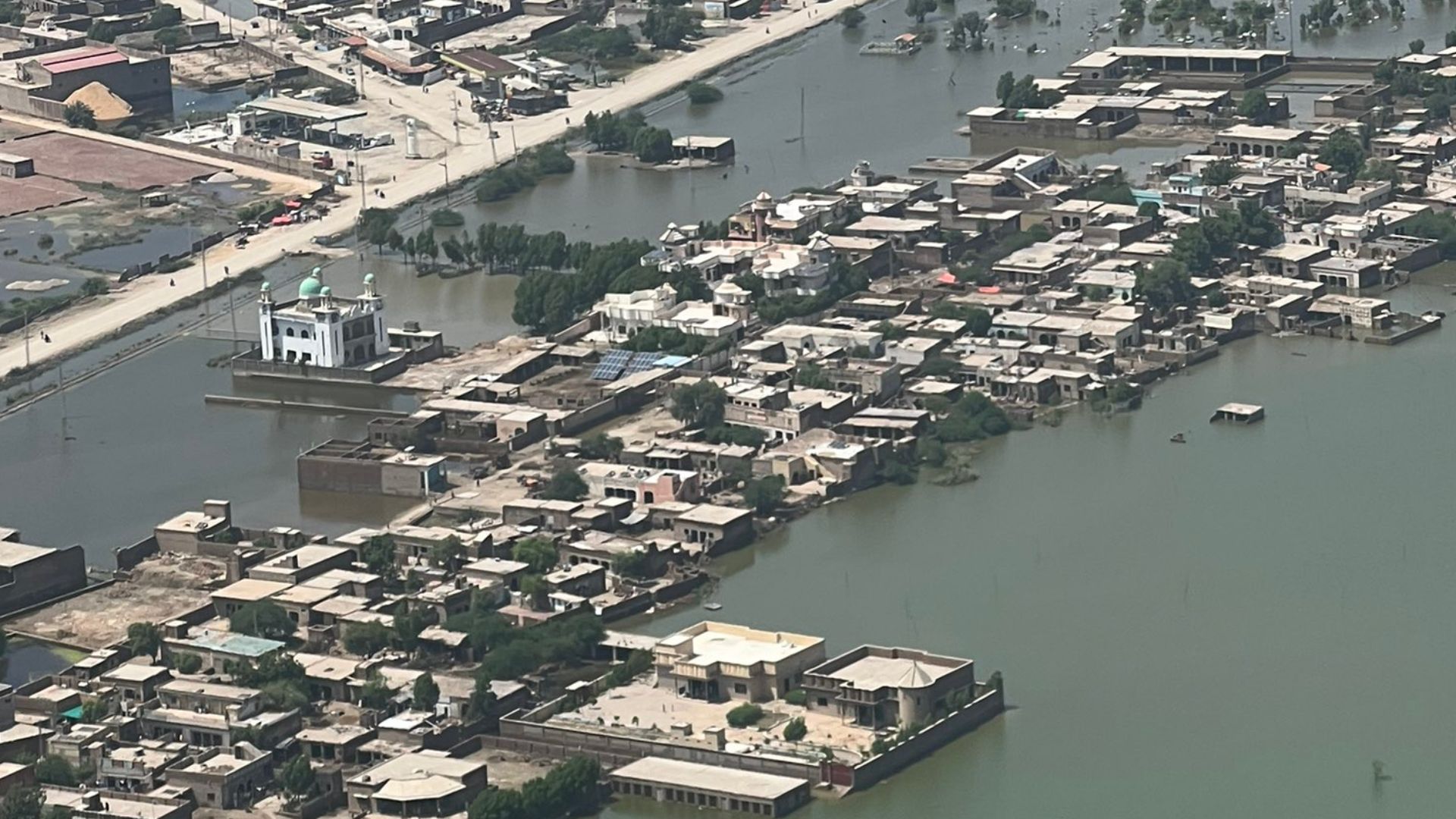 An arial view of Shahdadkot, Khairpur Nathan Shah, Mado, Faridabad, Mehar and other cities of Sindh covered with flood water in 2022. Flood in Sindh. Flood In Pakistan.