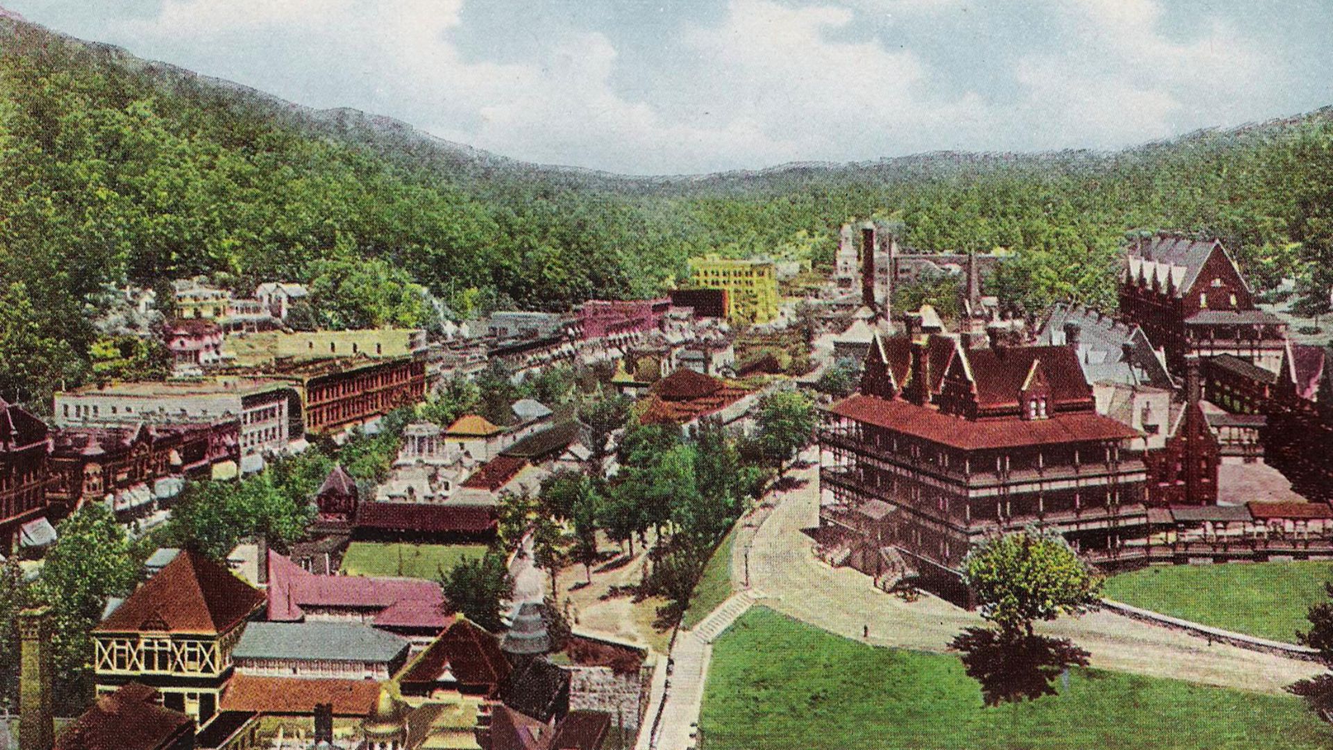 Hot Springs, Arkansas, from Tower of Eastman Hotel.  The Army and Navy Hospital is on the right, Central Avenue and Bathhouse Row is on the left.  The second Eastman Hotel's towers are in the background, the hotel was built in 1893.
