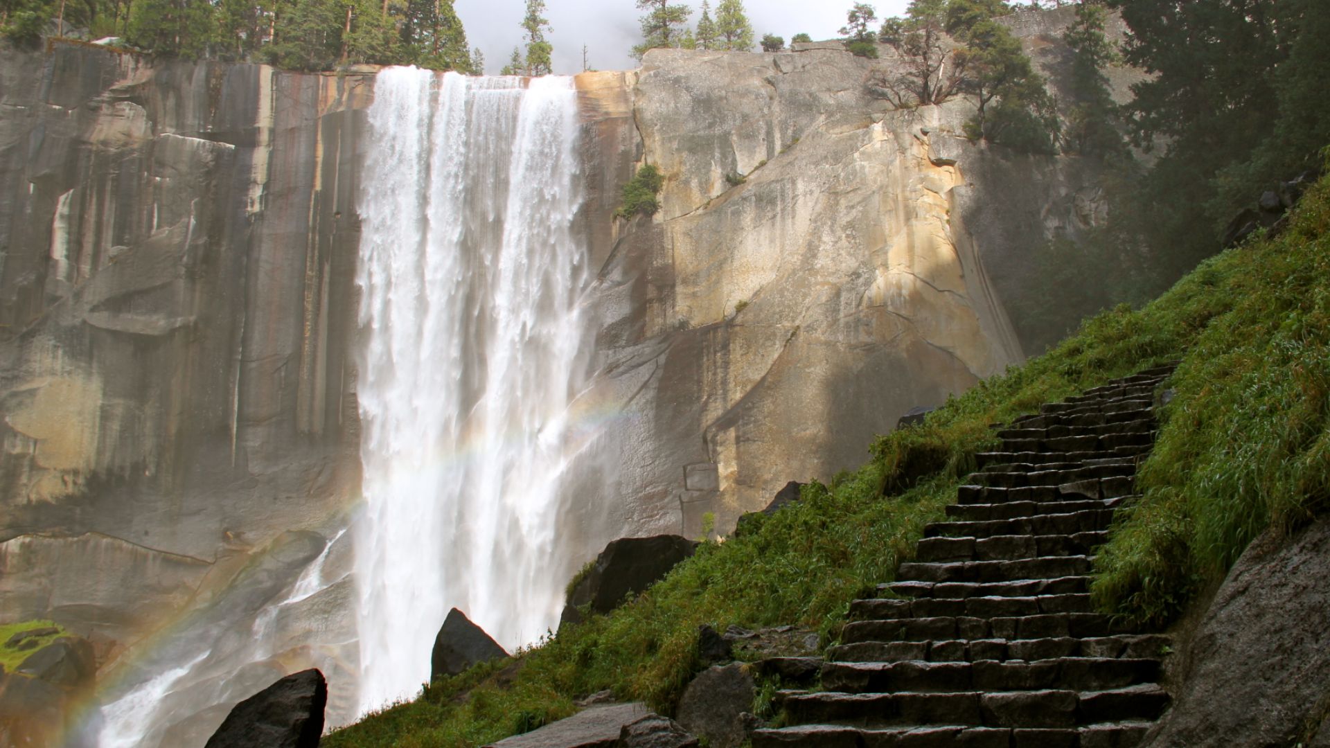 Stairs along the Mist Trail leading up to the top of Vernal Fall in Yosemite National Park.
