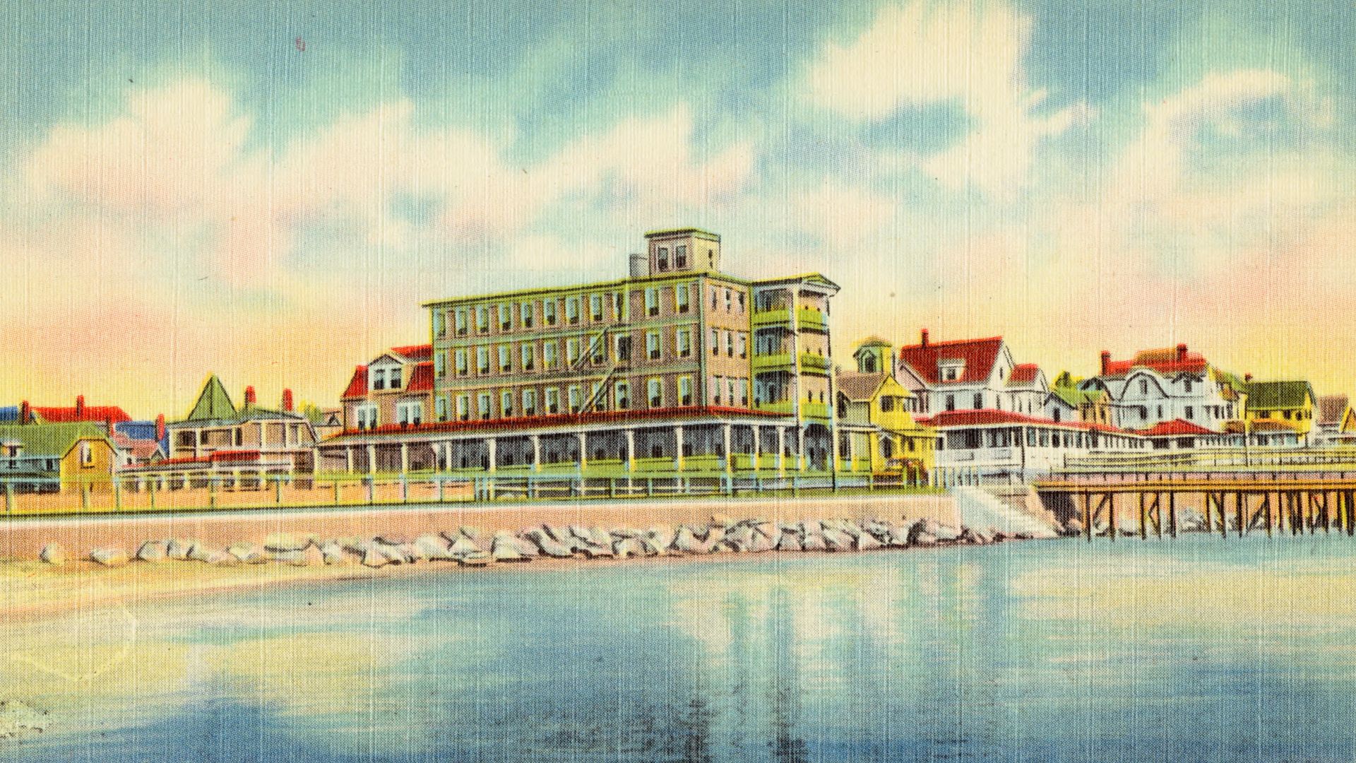 Title: Sea View Hotel, from the beach, Oak Bluffs, Mass.
Description: The only Hotel on the Ocean Front. Five minutes walk along the concrete Promenade from the Steamboat landing.
Subjects: Hotels
Places: Massachusetts > Dukes (county) > Martha's Vineyard