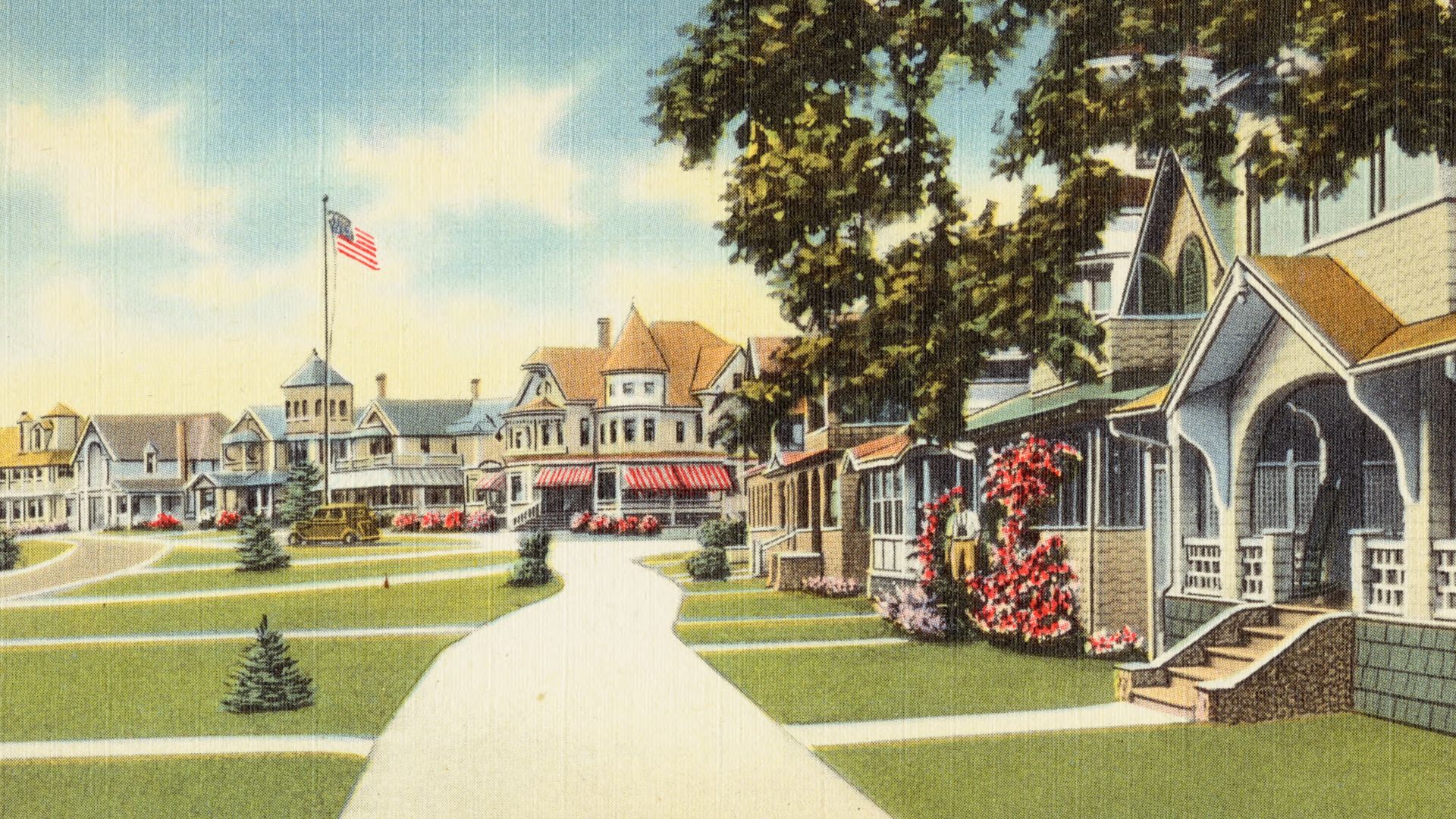 Title: Cottages at Ocean Park, Oak Bluffs, Mass.
Subjects: Dwellings
Places: Massachusetts > Dukes (county) > Martha's Vineyard (island) > Oak Bluffs
Notes: Title from item.
Extent: 1 print (postcard) : linen texture, color ; 3 1/2 x 5 1/2 in.
Accession #