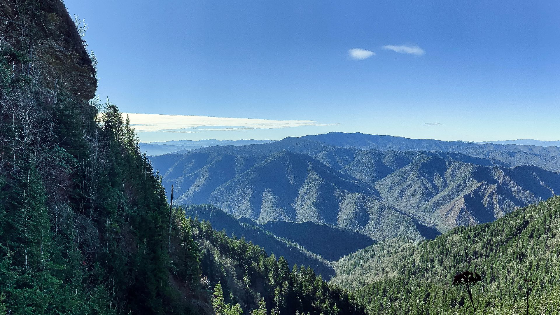 Viewpoint along Alum Cave Trail ascending towards Mount LeConte in Great Smoky Mountains National Park in Tennessee. Clingmans Dome is the mountain seen in the background.