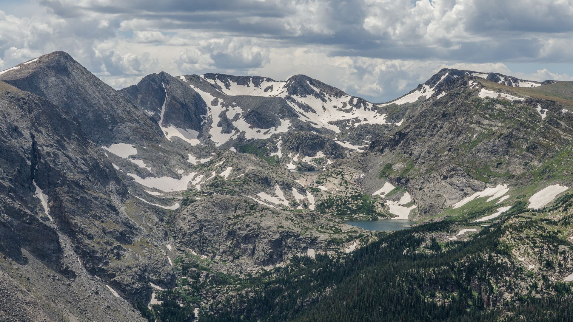 Part of the Rocky Mountains around Mount Ida. The Gorge Lakes can be seen in front of the range