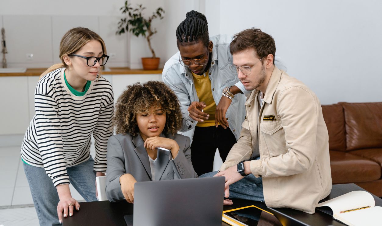 A group of diverse colleagues working together on a project