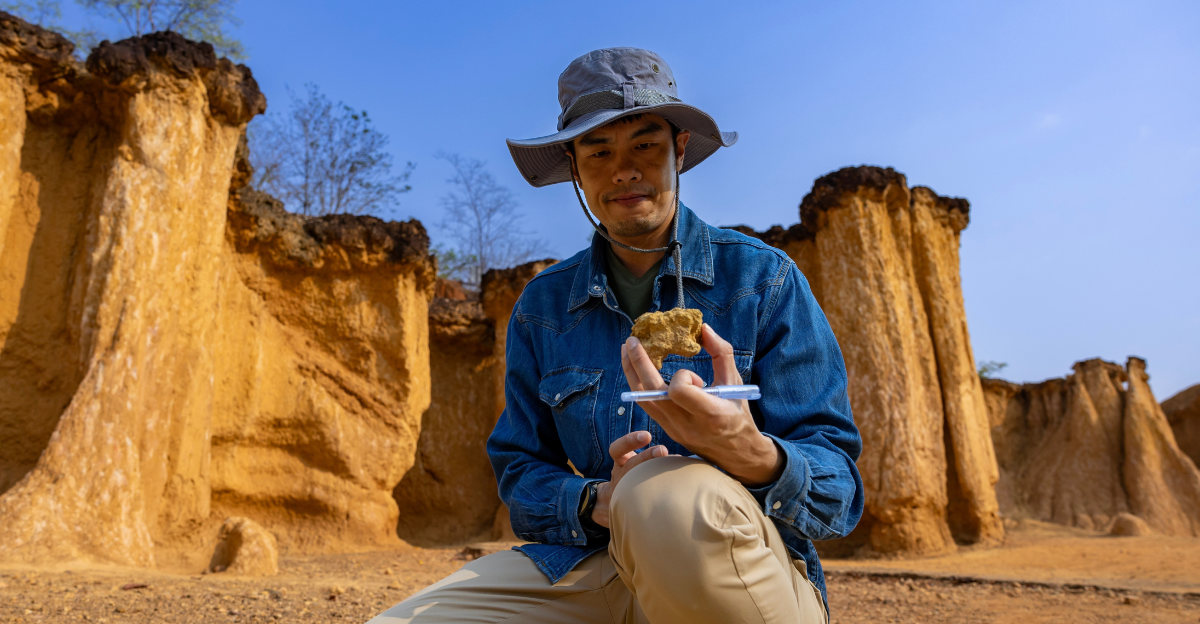 Asian geologist is exploring and surveying the sample rock 