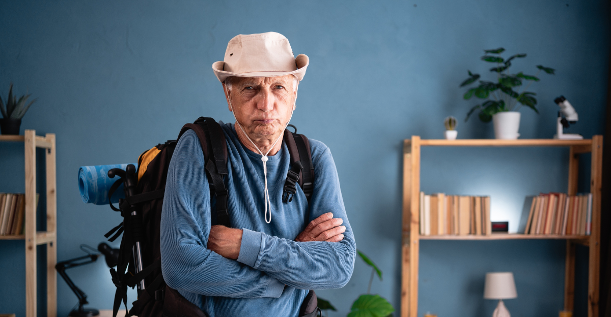 Elderly traveler with backpack upset offended
