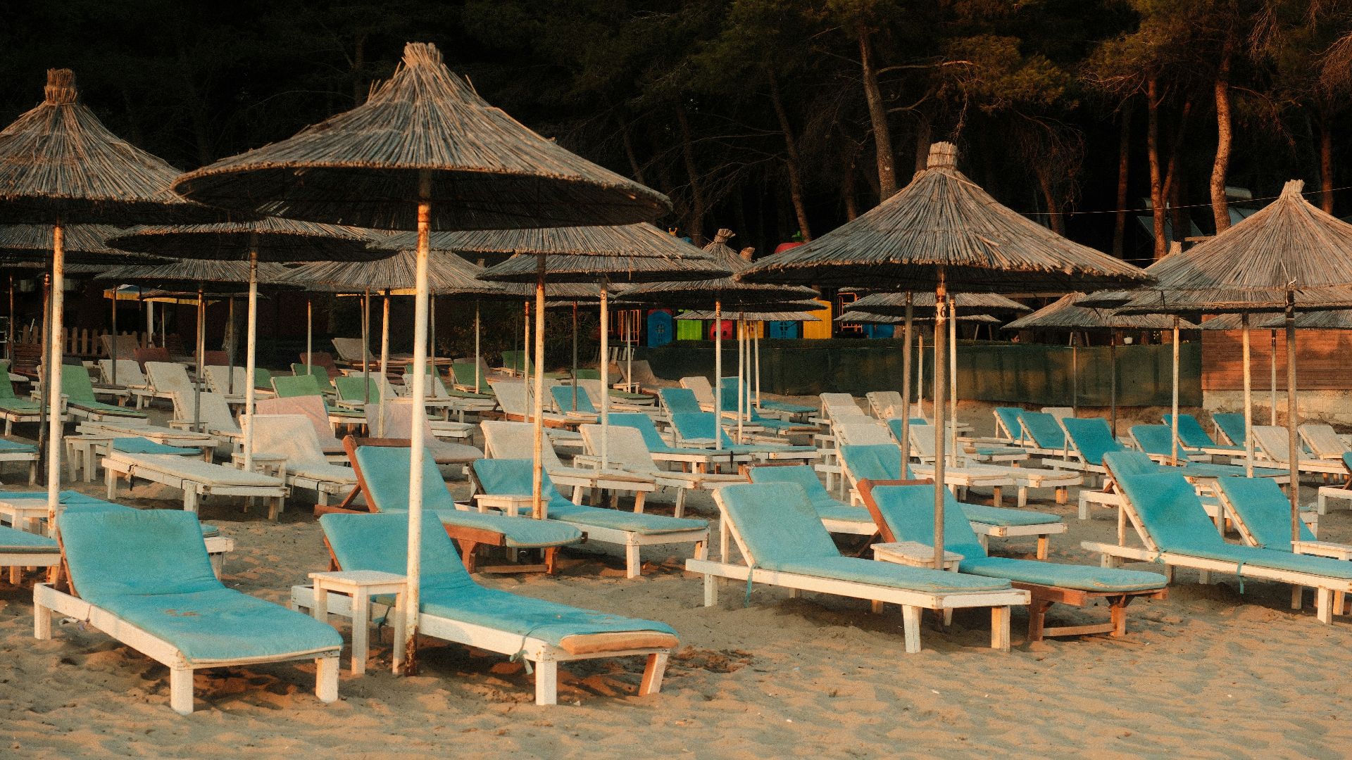 Rows of blue lounge chairs and straw umbrellas on a sandy beach