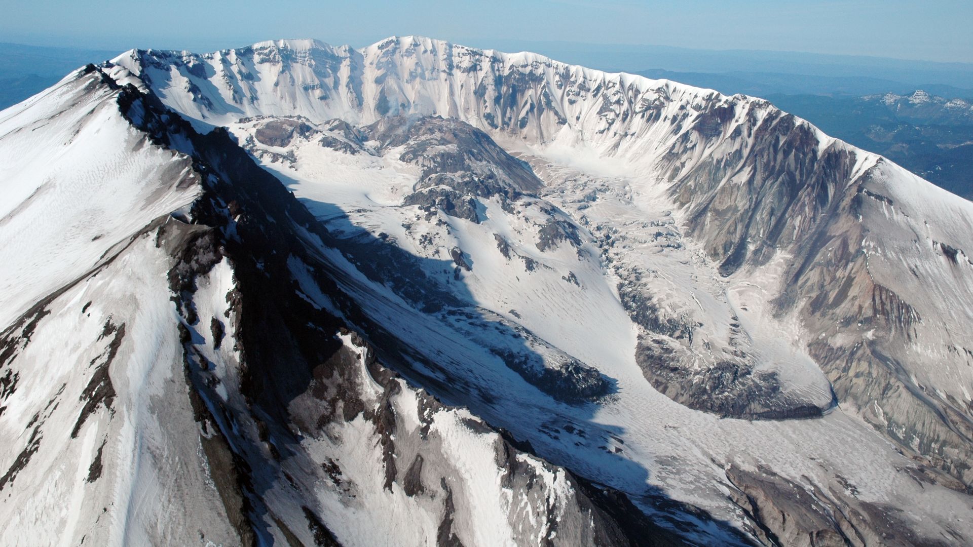 USGS photo of the Mount St. Helens crater taken 8 May 2007.

Caption: Aerial view, en:Mount St. Helens crater and dome, as seen from the north.
