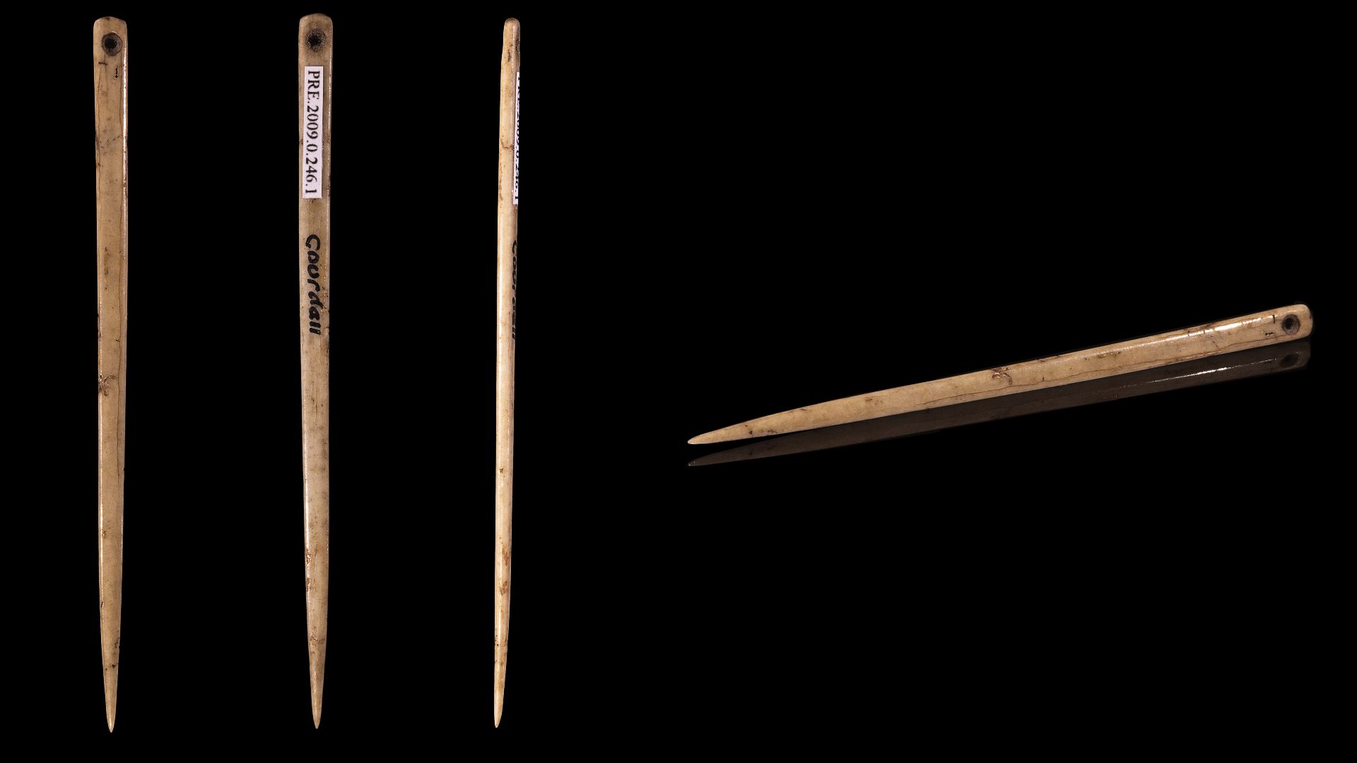 Flat bone sewing needle  - Views of the same object
Locality : Gourdan cave says