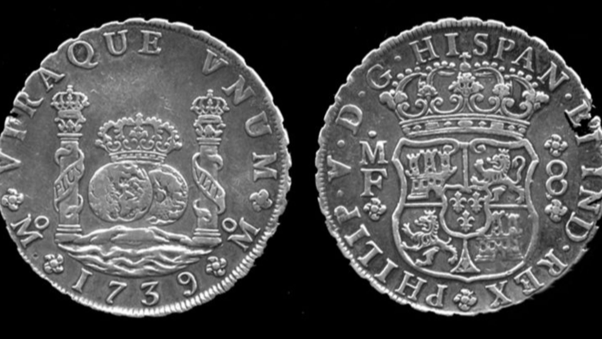 Silver peso of Philip V. (a.k.a. Spanish dollar). Mexico mint. Dated 1739 Mº (Mexico monogram).* VTRAQVE VNVM * Mº * 1739 * Mº, crowned hemispheres between pillars with banners inscribed, PLUS and VLTRA.* PHILIP • V • D • G • HISPAN • ET IND • REX *, crow