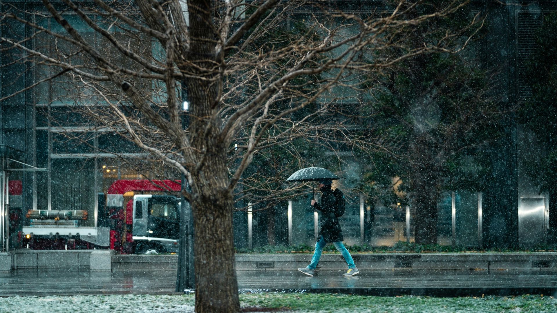 a person walking in the rain with an umbrella