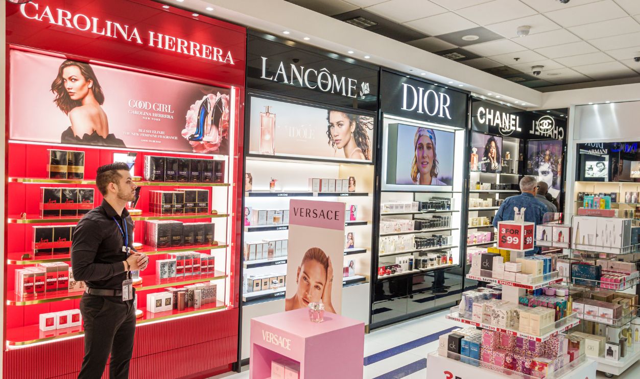 Getty Images - 2191222302 - Miami, Florida, Miami International Airport, duty free shopping, Carolina Herrera, Lancome, Dior, Chanel, fragrances employee.