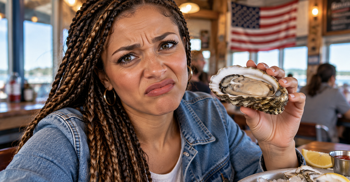 Disgusted woman holding weird food