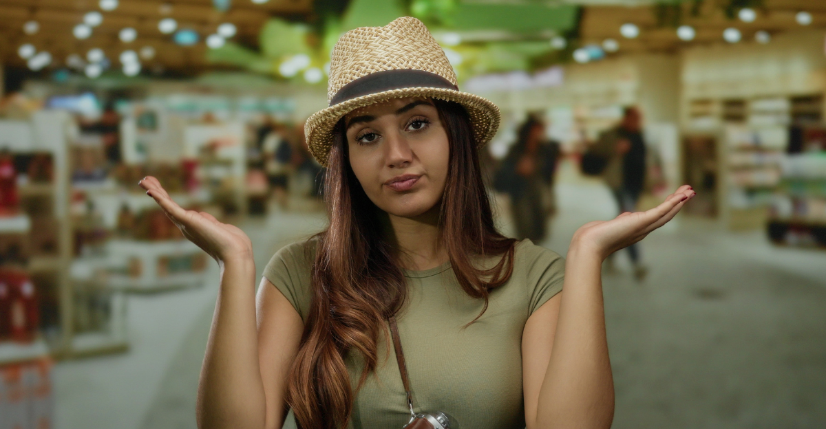 Woman in airport terminal with camera