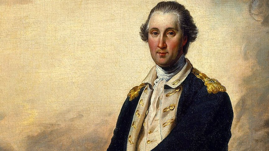 Portrait of George Washington standing on a bluff above the Hudson River