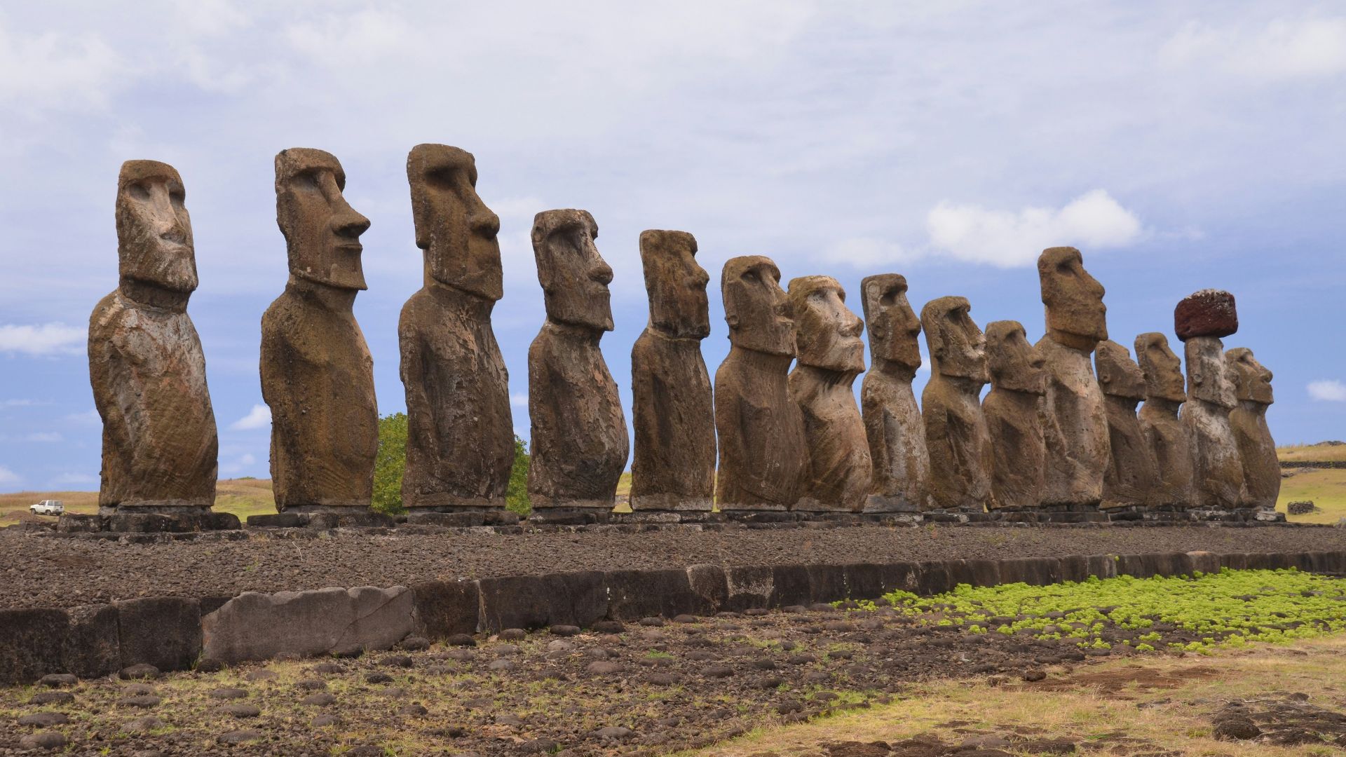 a row of moai statues sitting on top of a grass covered field