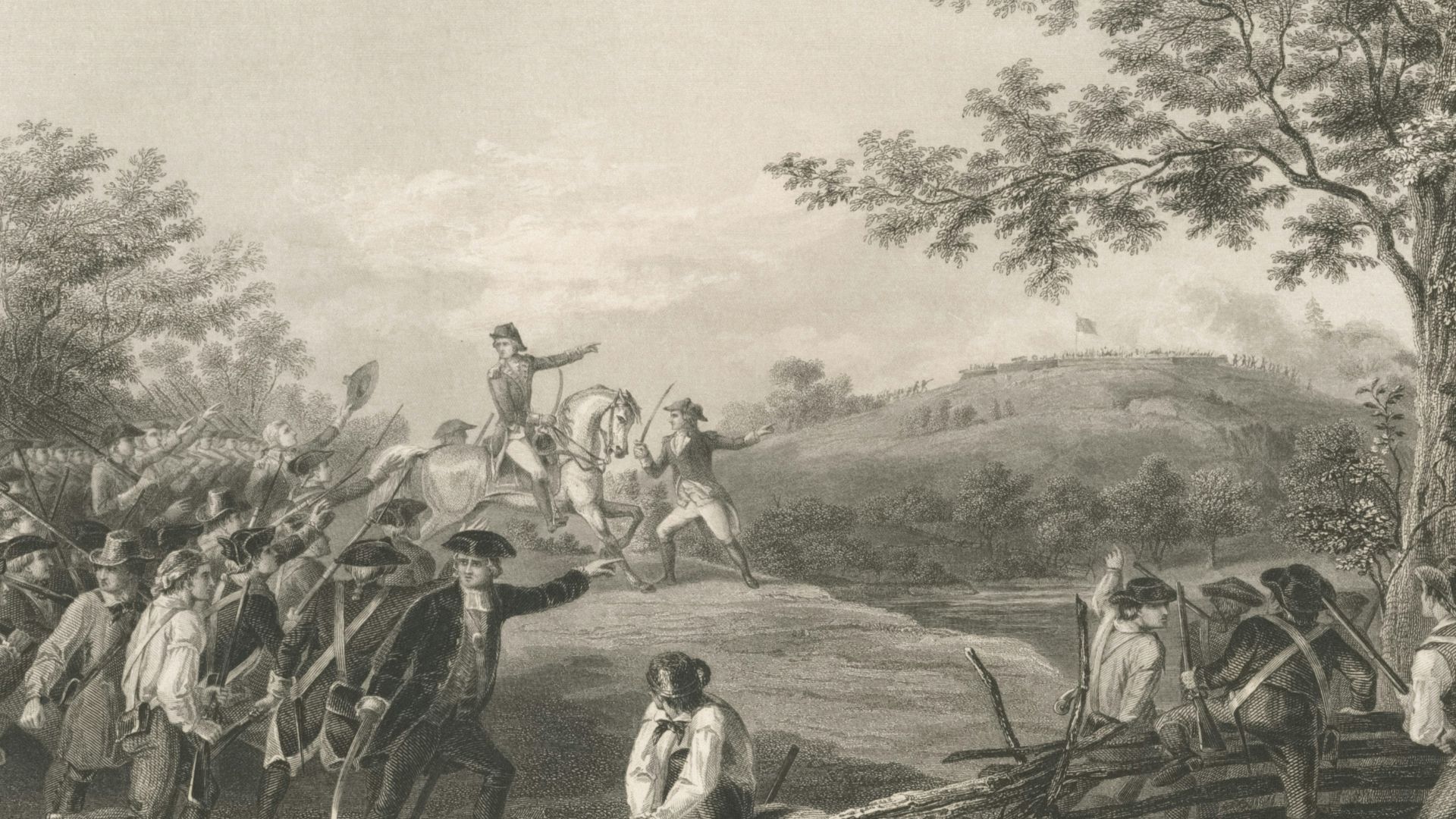 Revolutionary war soldiers in a battle scene