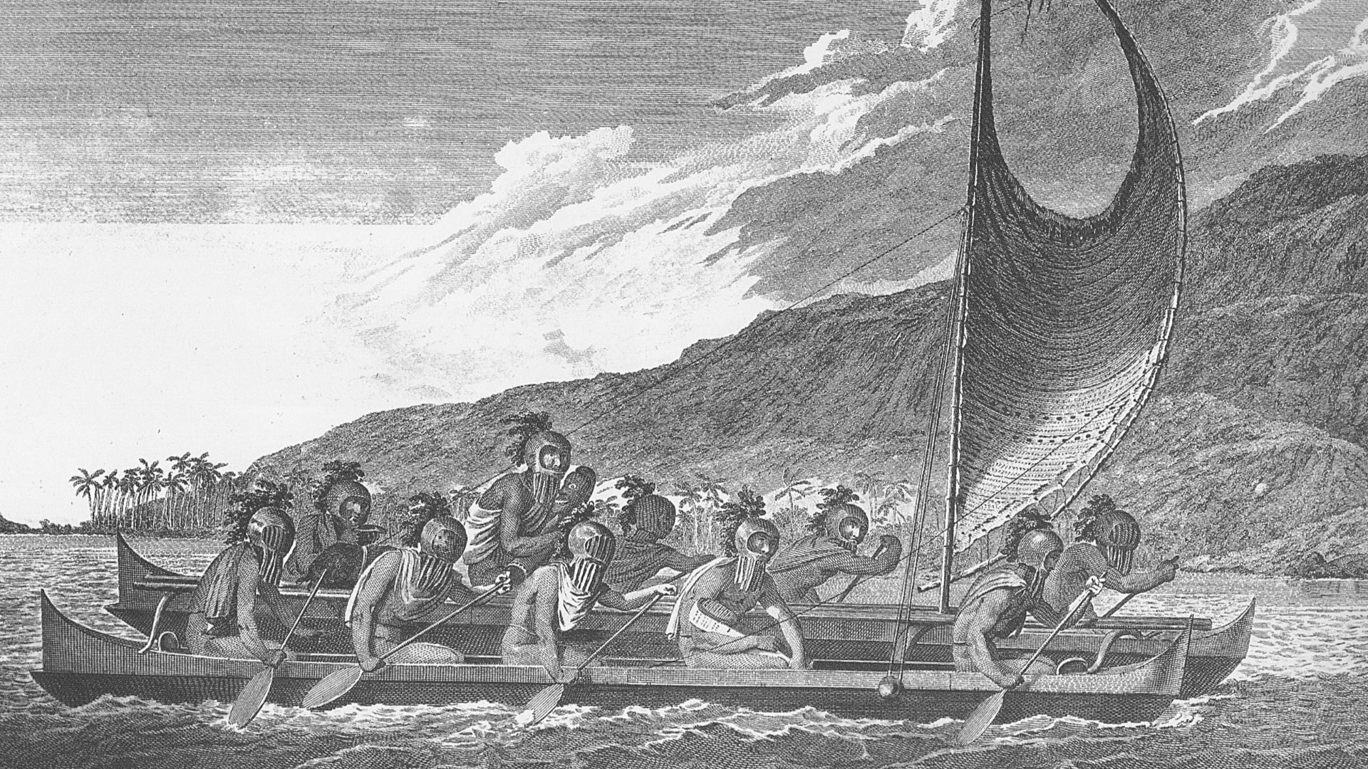 File:Priests traveling across kealakekua bay for first contact rituals.jpg
