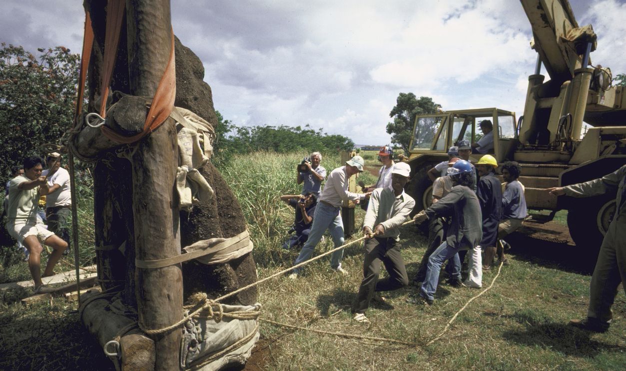72365297  Ancient monolithic human bust with elongated heads on Easter Island