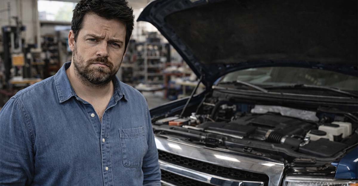 Man in repair shop by blue truck