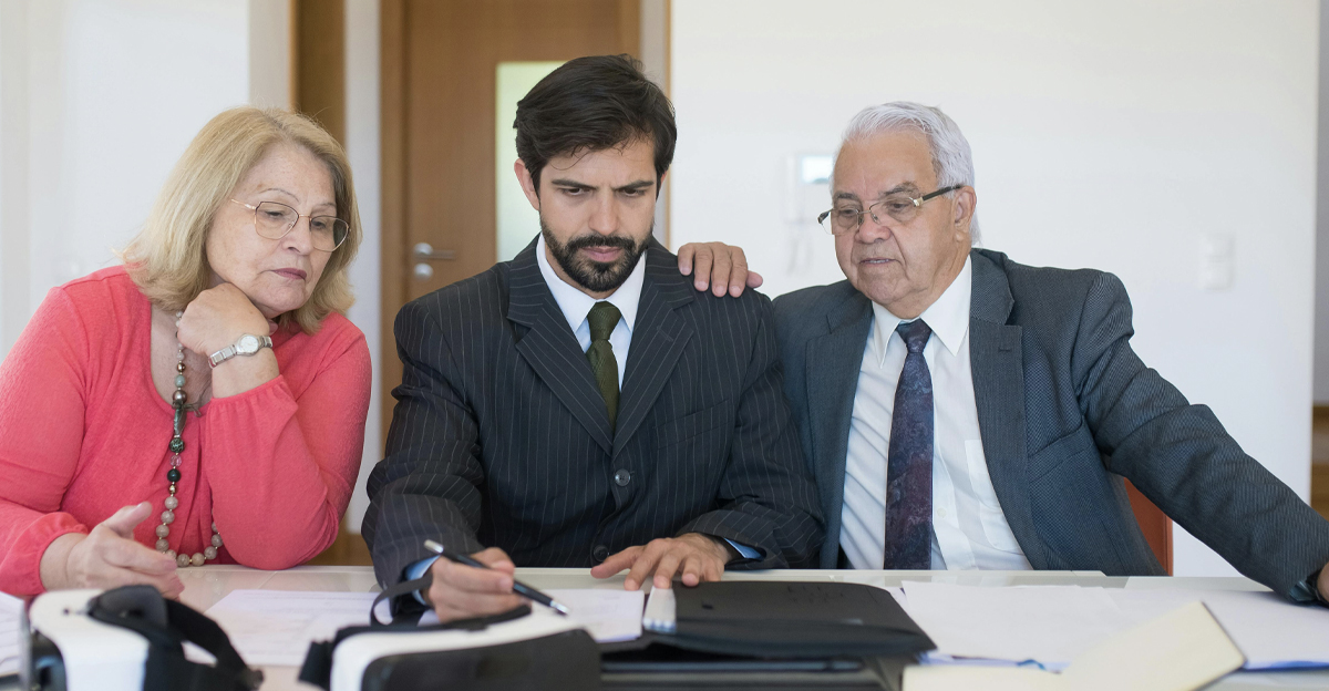 Realtor discussing contract with an elderly couple
