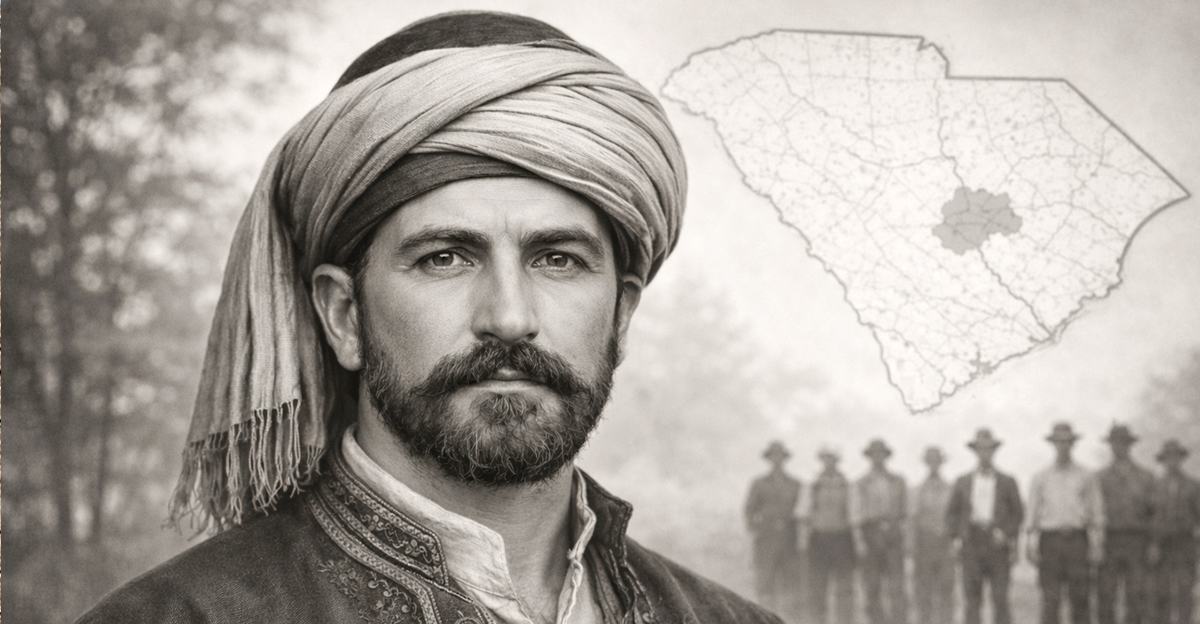 turkish american man with a map of south carolina