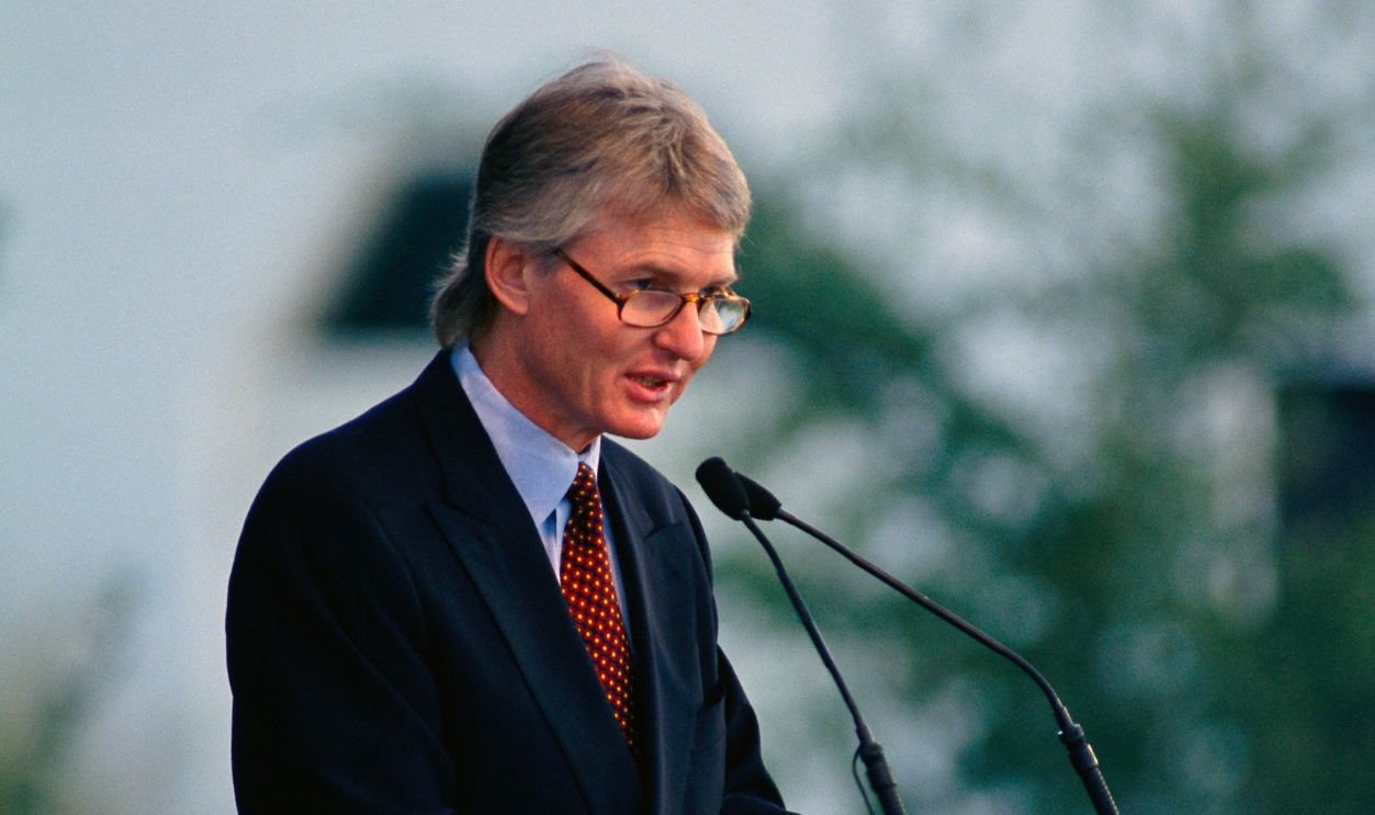 Edward Perry Bass Speaking at Podium Edward Perry Bass, the Texas oil billionaire who financed the Biosphere Two Project, speaks from a podium in Oracle, Arizona.